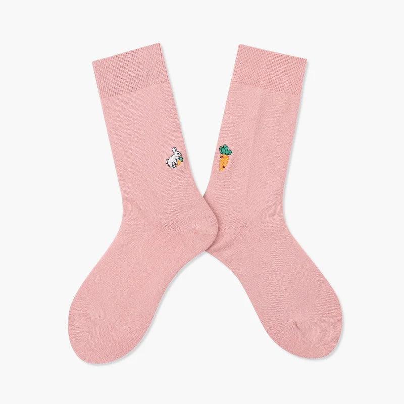 Unisex Mini Strawberry Embroidered Crew Socks – Smooth-Toe Cotton-Blend Couple Socks