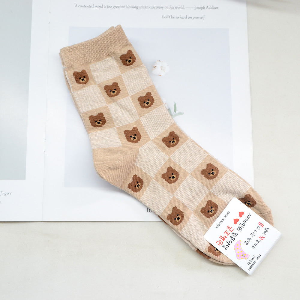 Women’s Colorblock Check Floral Animal Crew Socks – British-Inspired Cotton Socks