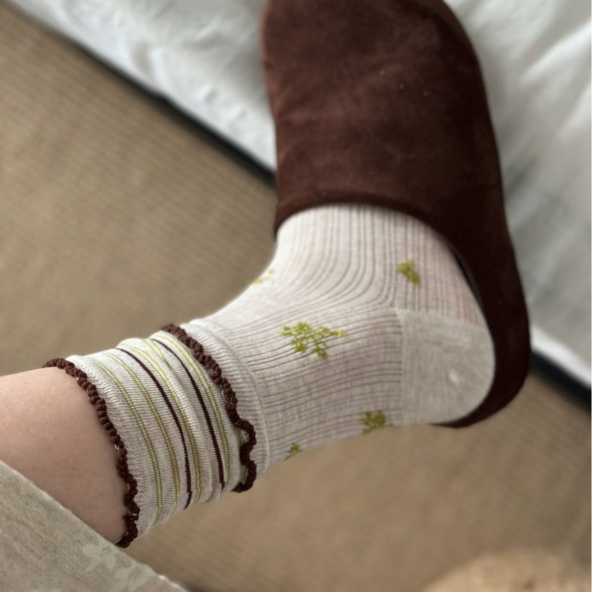 100% Cotton Floral Crew Socks for Women - Lightweight Breathable Ruffle Trim Socks