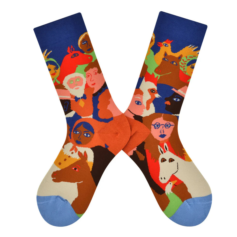 Women’s Mix-and-Match Character Crew Socks – Hand-Linked Toe Cotton-Blend Socks
