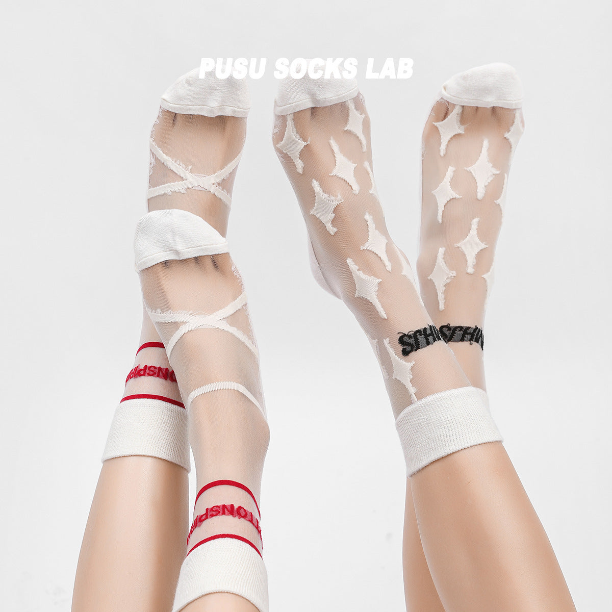 Women’s Sheer Wave Letter Crew Socks – Crystal Thin Japanese Style Fashion Socks
