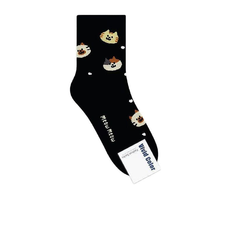 Women’s Artistic Cat Crew Socks – Korean-Inspired Preppy Cotton Socks