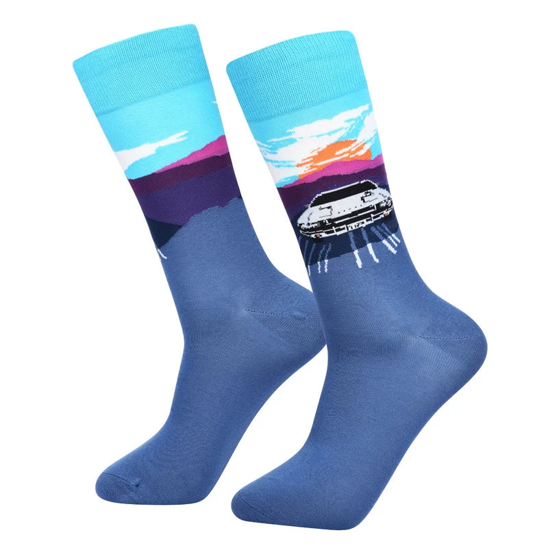 Men’s Creative Linework Crew Socks – Relaxed Cool-Season Fashion Socks