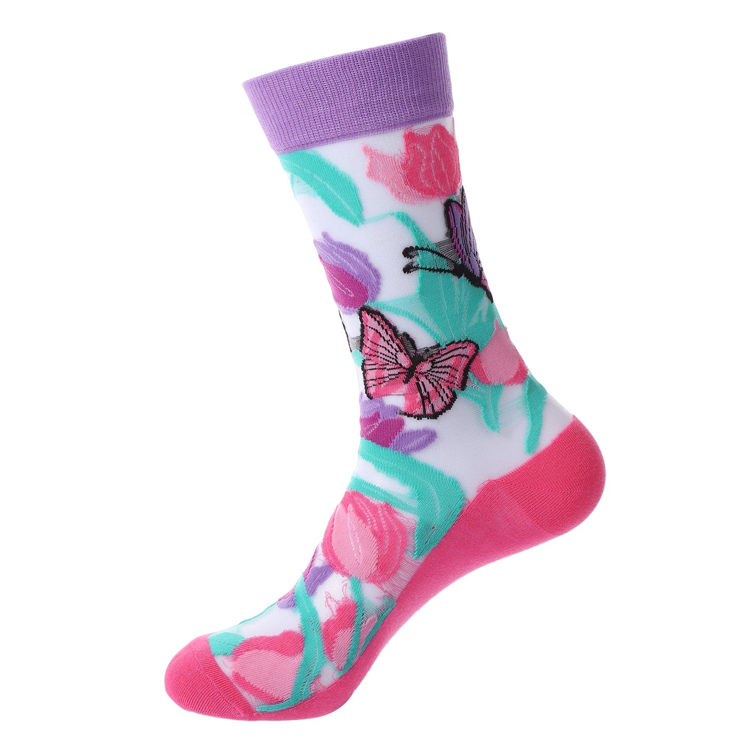 Sheer Floral Butterfly Crew Socks