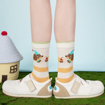 Women’s Striped Dachshund Mesh Crew Socks – Lightweight Summer Cotton-Blend Socks