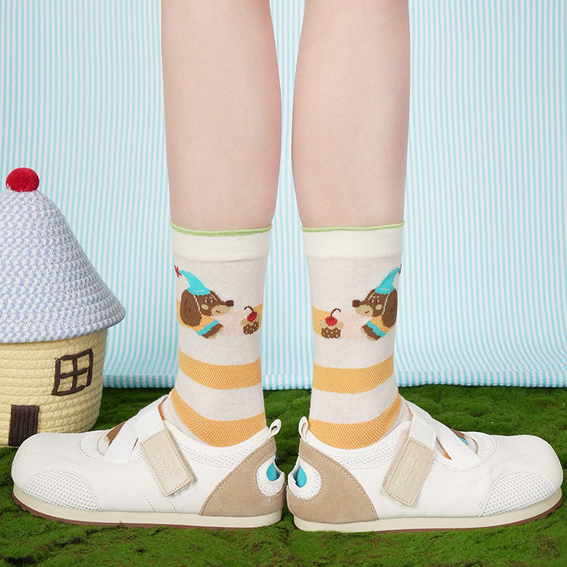 Women’s Striped Dachshund Mesh Crew Socks – Lightweight Summer Cotton-Blend Socks