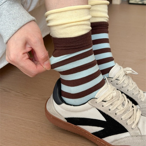 Dopamine Striped Crew Socks with Layered Colorblock Cuffs