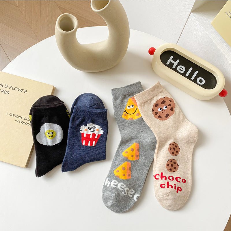 Women’s Cookie & Cheese Crew Socks – Cute Breathable Cotton Autumn Socks