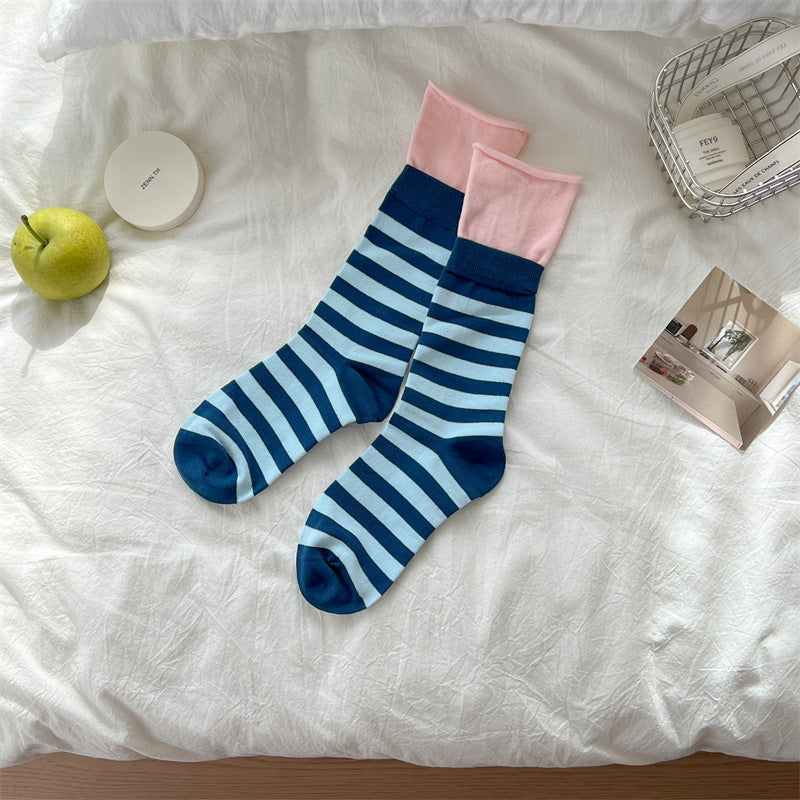 Dopamine Striped Crew Socks with Layered Colorblock Cuffs