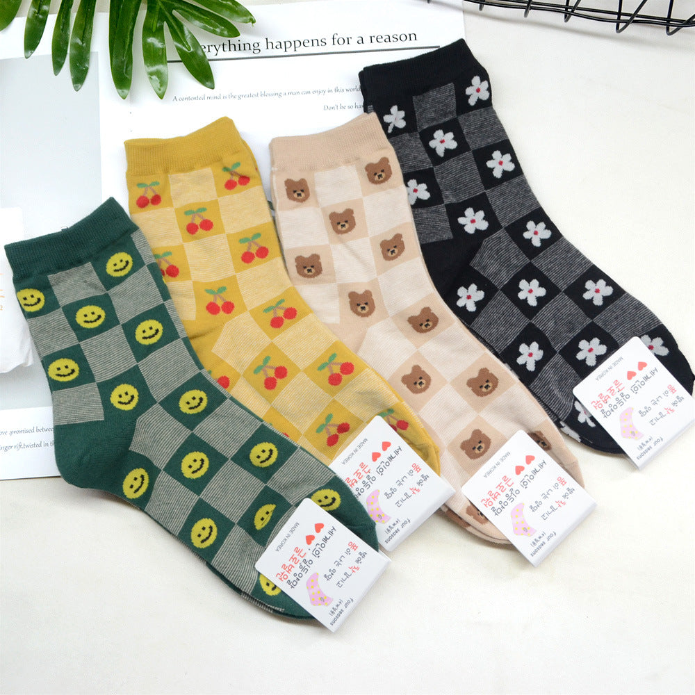 Women’s Colorblock Check Floral Animal Crew Socks – British-Inspired Cotton Socks