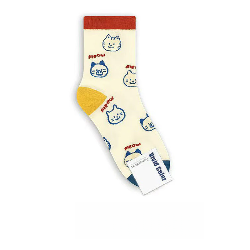 Women’s Artistic Cat Crew Socks – Korean-Inspired Preppy Cotton Socks