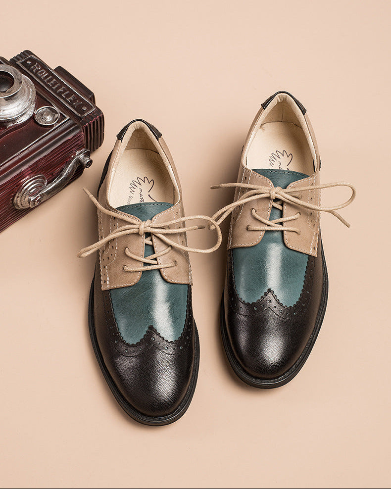 Women's Genuine Leather Two-Tone Brogue Derby Shoes – Vintage Low Heel Lace-Up Flats