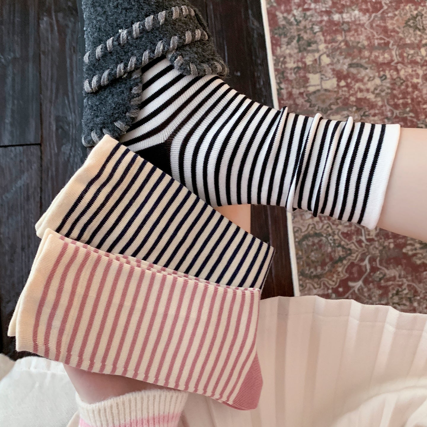 Soft Pure Cotton Striped Crew Socks