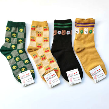 Women’s Colorblock Check Floral Animal Crew Socks – British-Inspired Cotton Socks