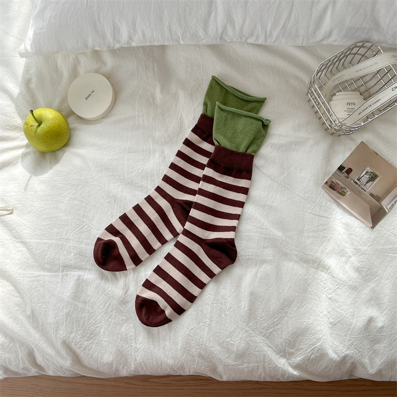 Dopamine Striped Crew Socks with Layered Colorblock Cuffs
