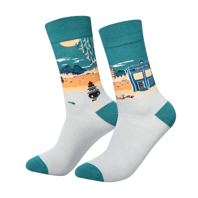 Men’s Street Art Illustration Long Socks – Retro Cotton-Blend Crew Socks