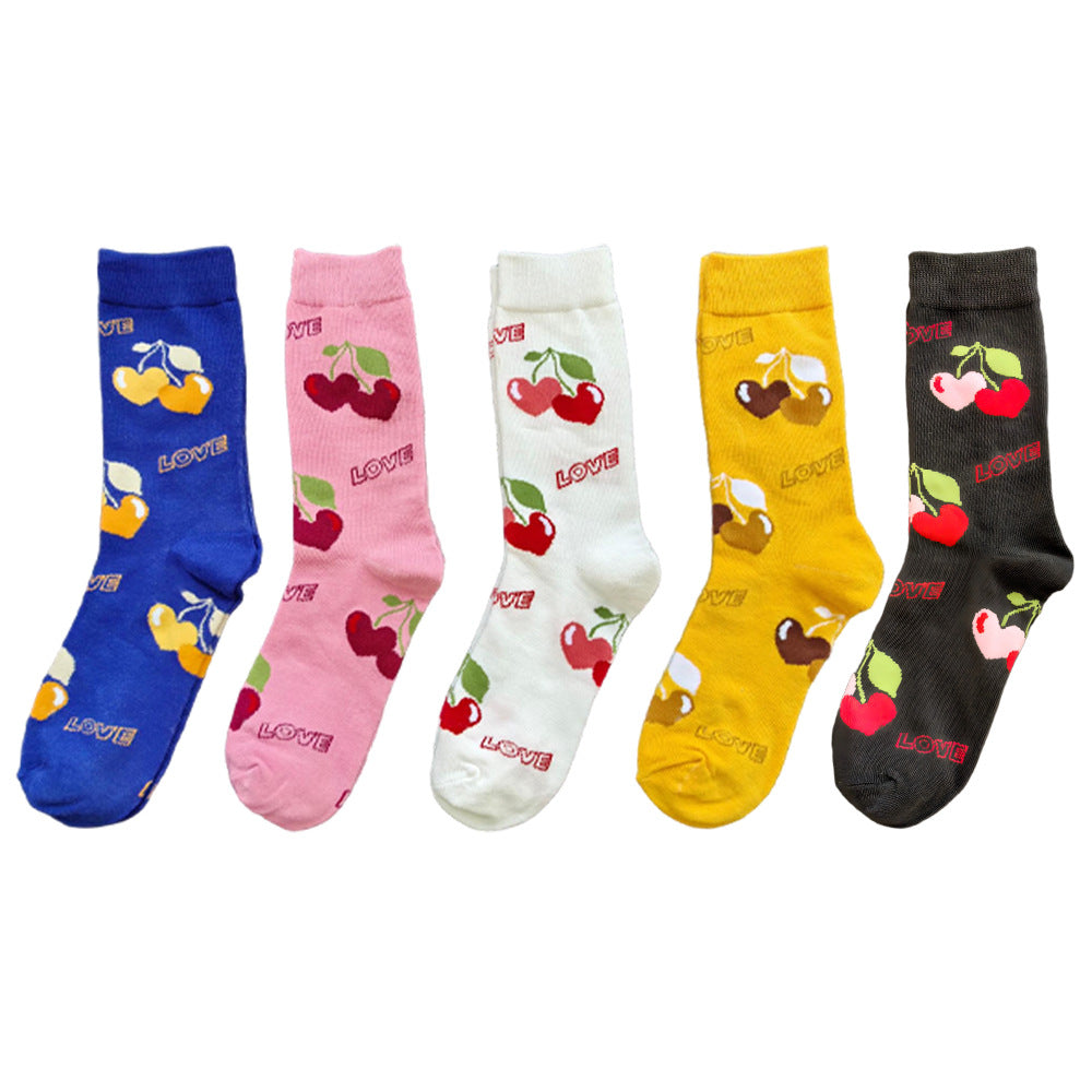 Women’s Cherry Heart Letter Crew Socks – Cute All-Season Matching Socks