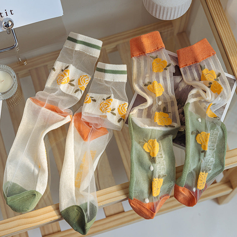 Orange Mood Sheer Art Crew Socks - Yellow Daisy