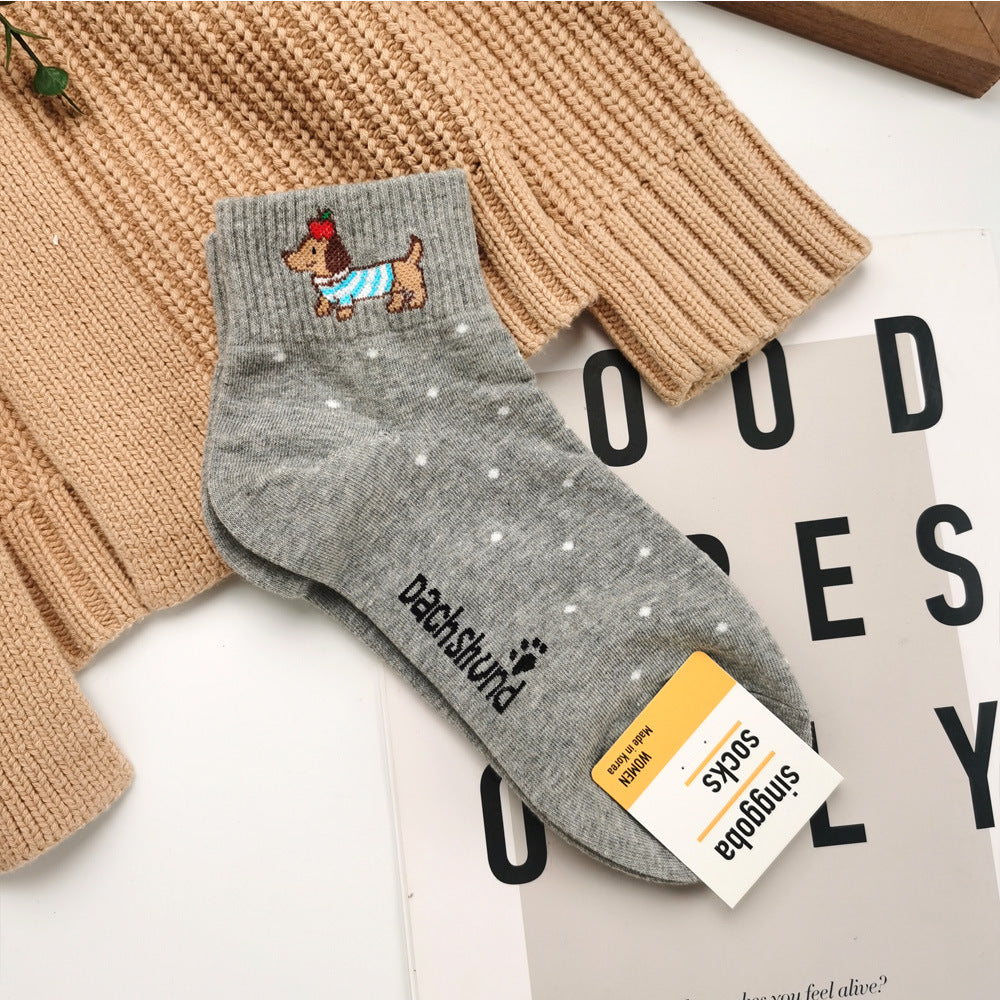 Women’s Dachshund Ankle Socks – Korean-Inspired Breathable Cotton Socks for Spring Summer