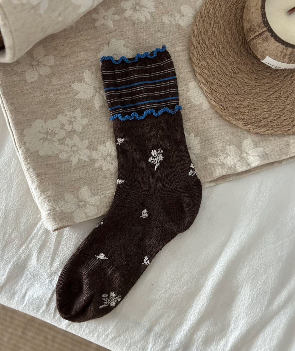 100% Cotton Floral Crew Socks for Women - Lightweight Breathable Ruffle Trim Socks