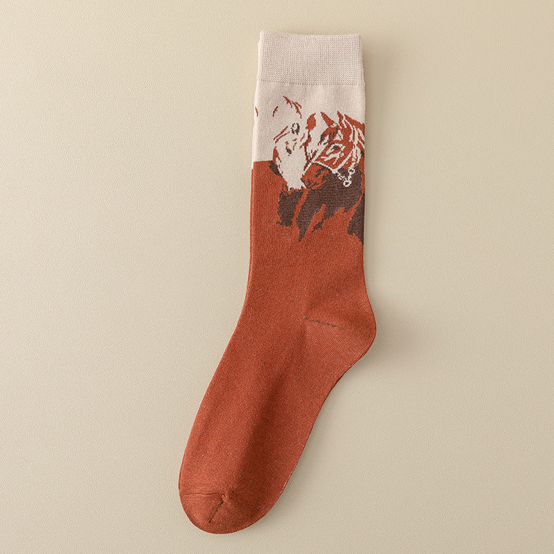 Women’s Colorblock Galloping Horse Crew Socks – Retro Breathable Fall Winter Socks