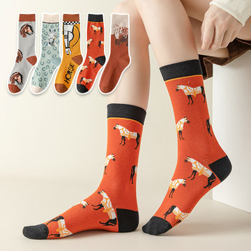 Women’s Colorblock Galloping Horse Crew Socks – Retro Breathable Fall Winter Socks