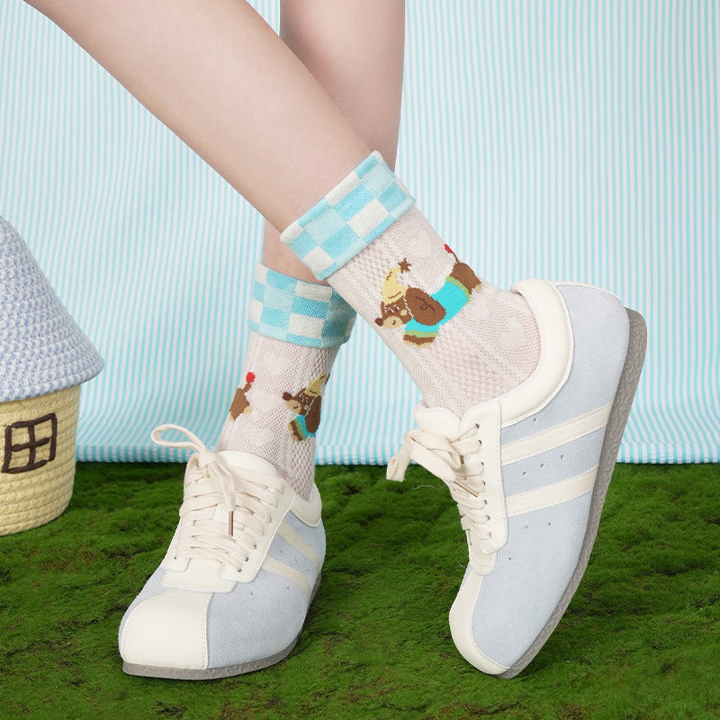 Women’s Striped Dachshund Mesh Crew Socks – Lightweight Summer Cotton-Blend Socks