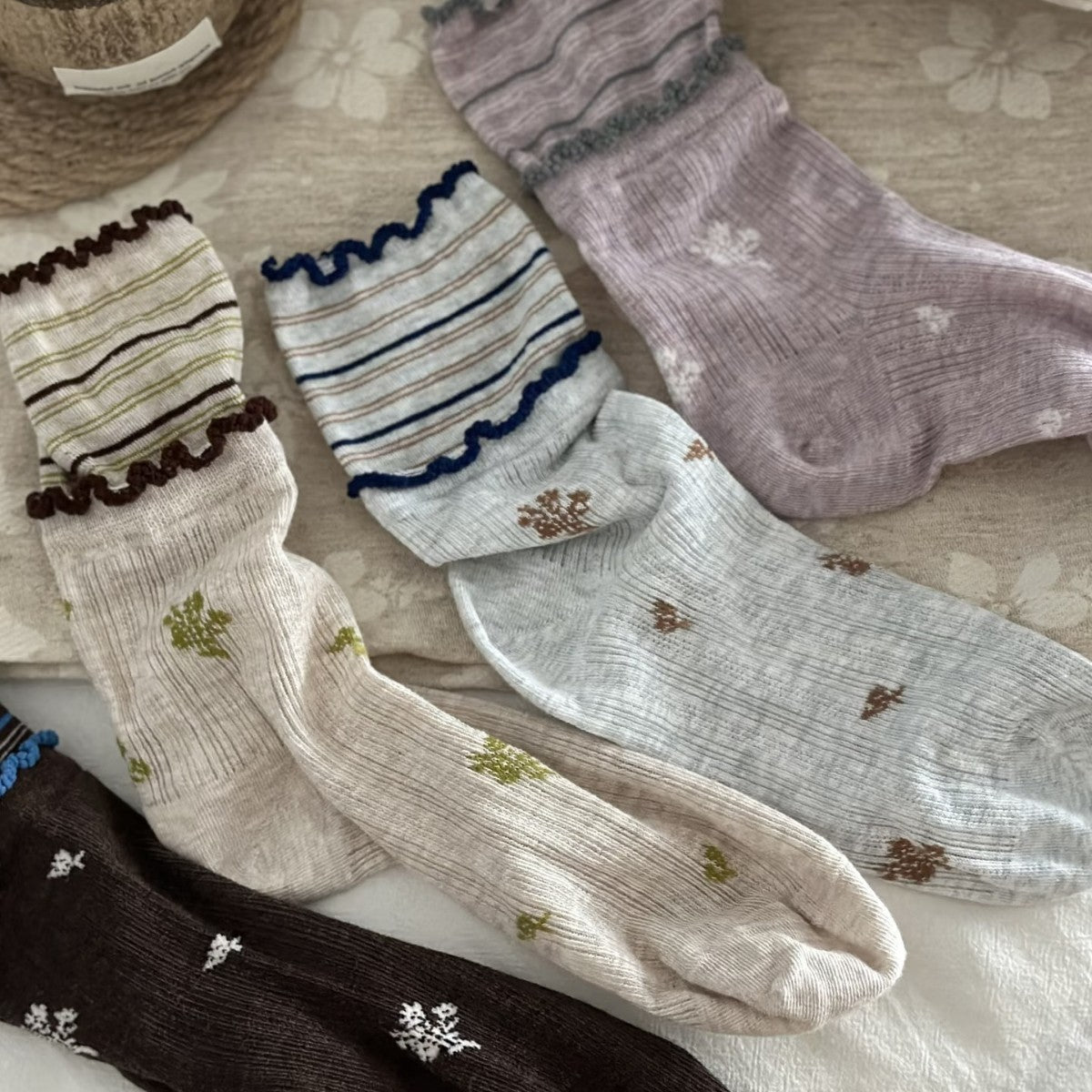 100% Cotton Floral Crew Socks for Women - Lightweight Breathable Ruffle Trim Socks
