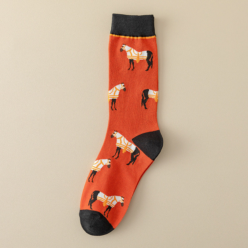 Women’s Colorblock Galloping Horse Crew Socks – Retro Breathable Fall Winter Socks