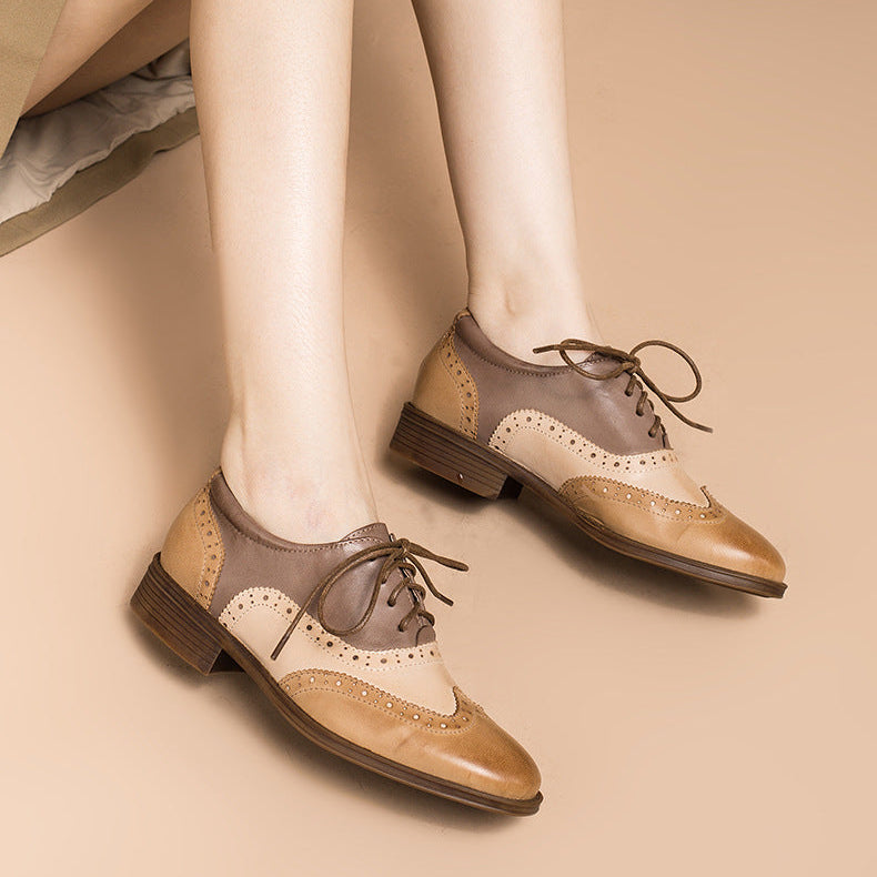 Women’s British-Inspired Lace-Up Brogue Shoes – Brown and apricot