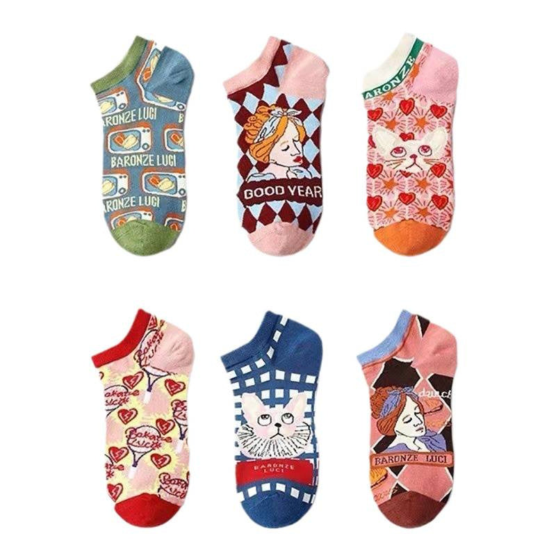 Unisex Vintage Storybook Low-Cut Socks – Japanese-Inspired Preppy Cotton Socks