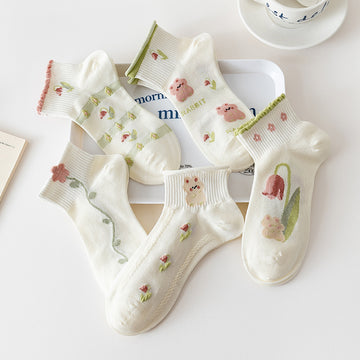 Women’s Floral Ruffle No-Show Socks – Preppy Lightweight Spring Summer Boat Socks