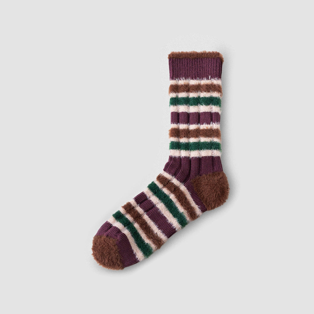 Women’s Striped Fleece-Lined Crew Socks – Thick Warm Winter Cotton Socks