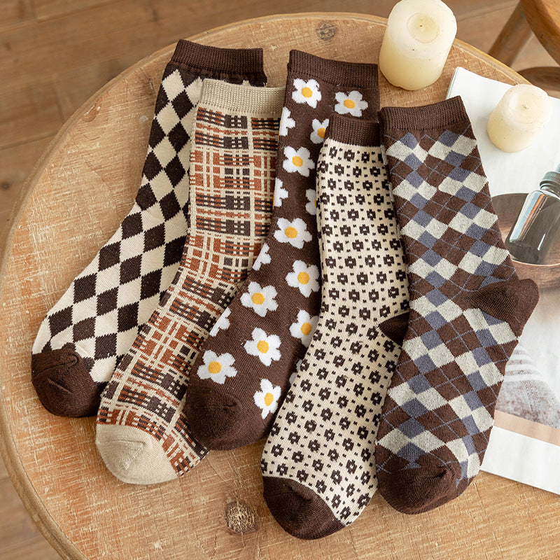 Women’s Mocha Argyle Crew Socks – Thick British-Inspired Cotton Socks for Fall Winter