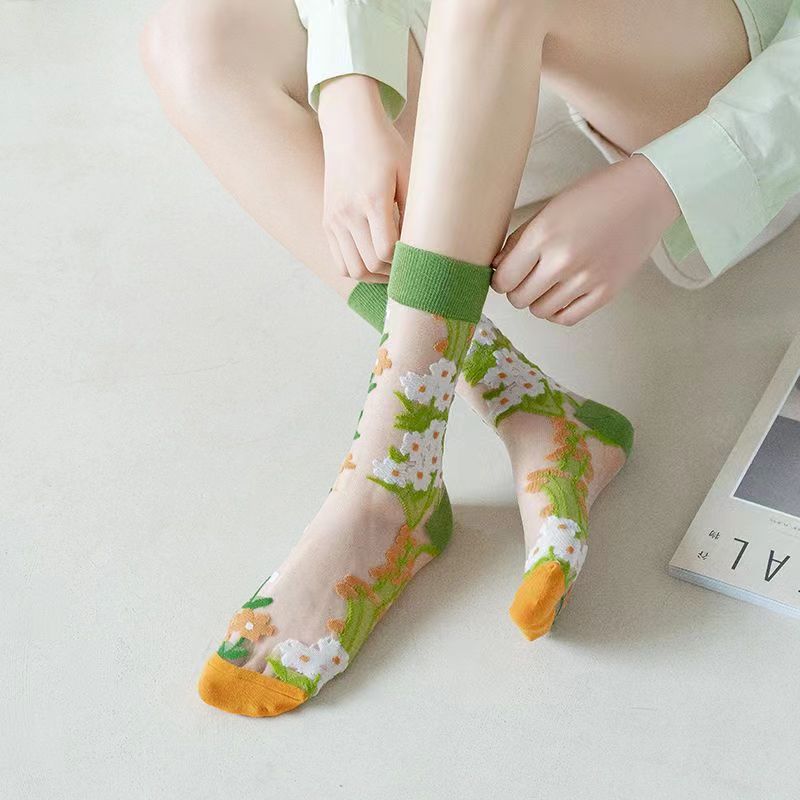 Nature Stories Sheer Art Crew Socks - Sunflower