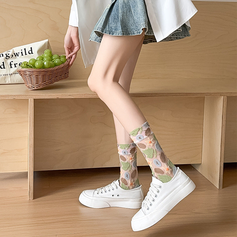 Veggie Market Sheer Crew Socks - Pumpkin