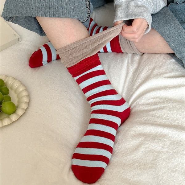 Dopamine Striped Crew Socks with Layered Colorblock Cuffs