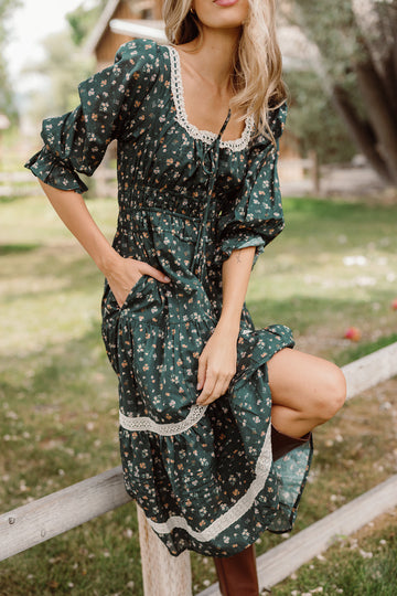 Palermo 3/4 Sleeves Dress in Evergreen Lovelorn Ditsy
