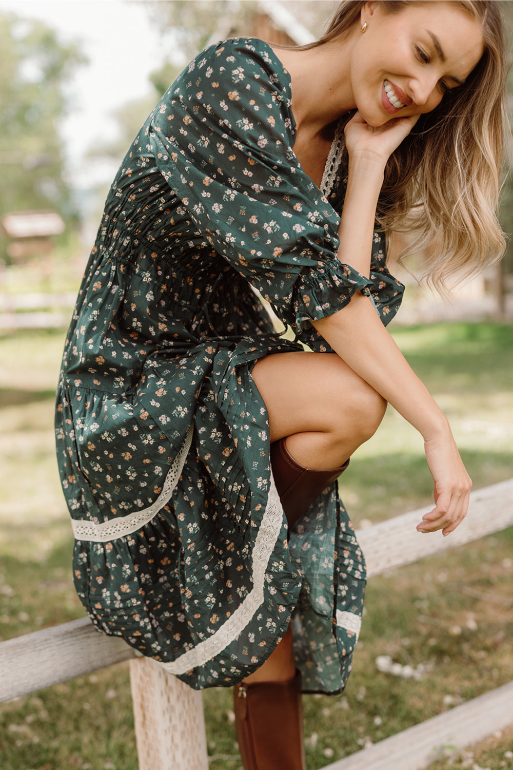 Palermo 3/4 Sleeves Dress in Evergreen Lovelorn Ditsy