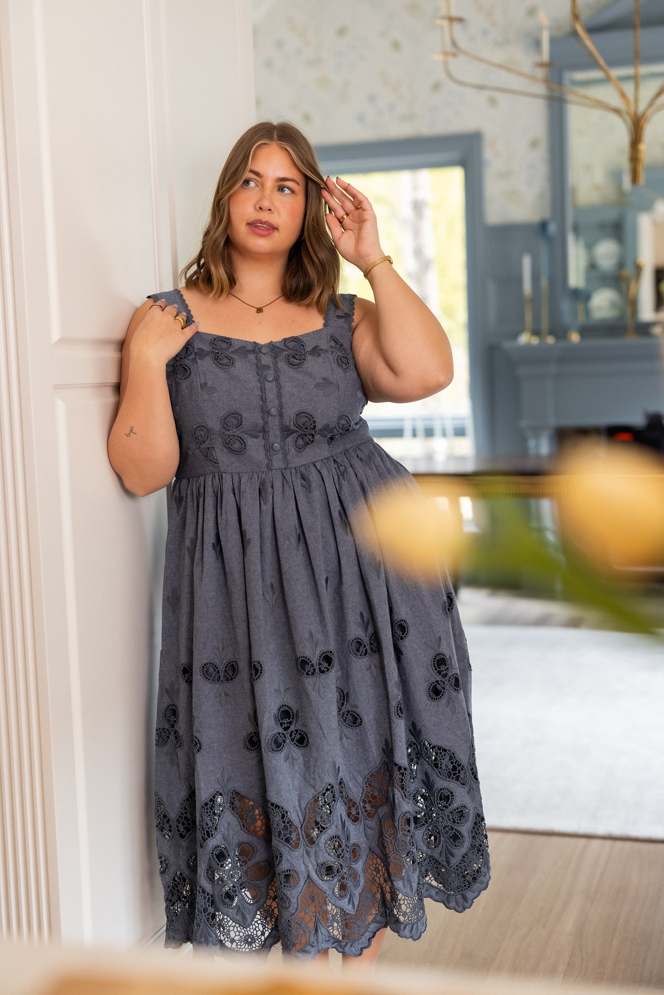 Penny Tank Midi Dress in Embroidered Chambray