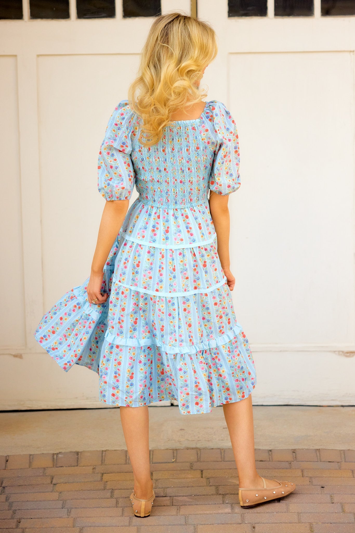 Roselyn Dress in Blue Linear Floral Print