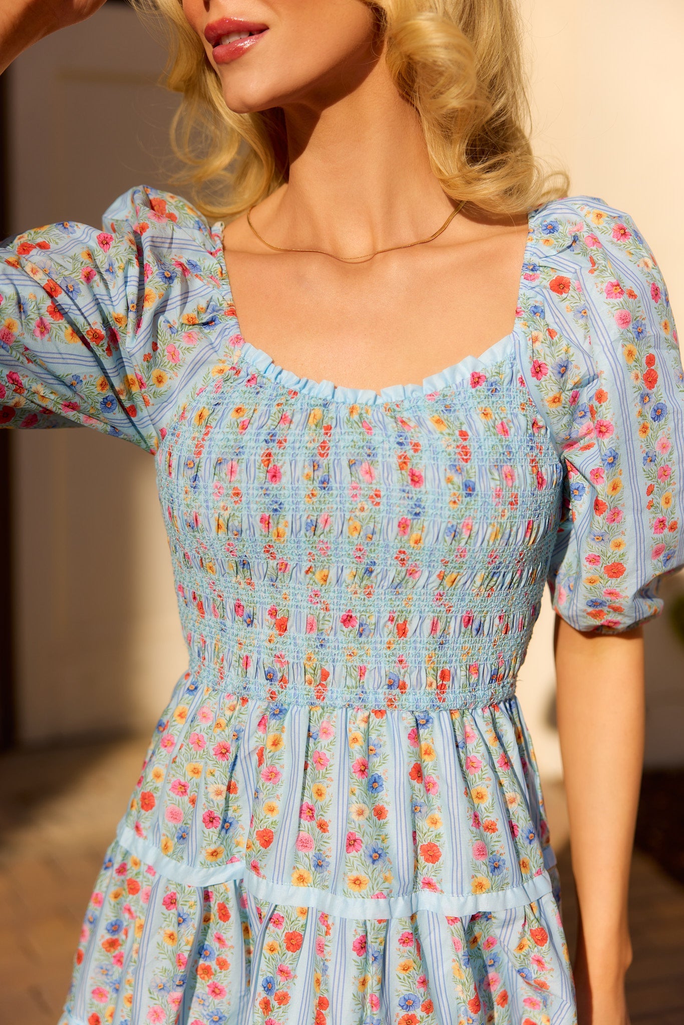 Roselyn Dress in Blue Linear Floral Print
