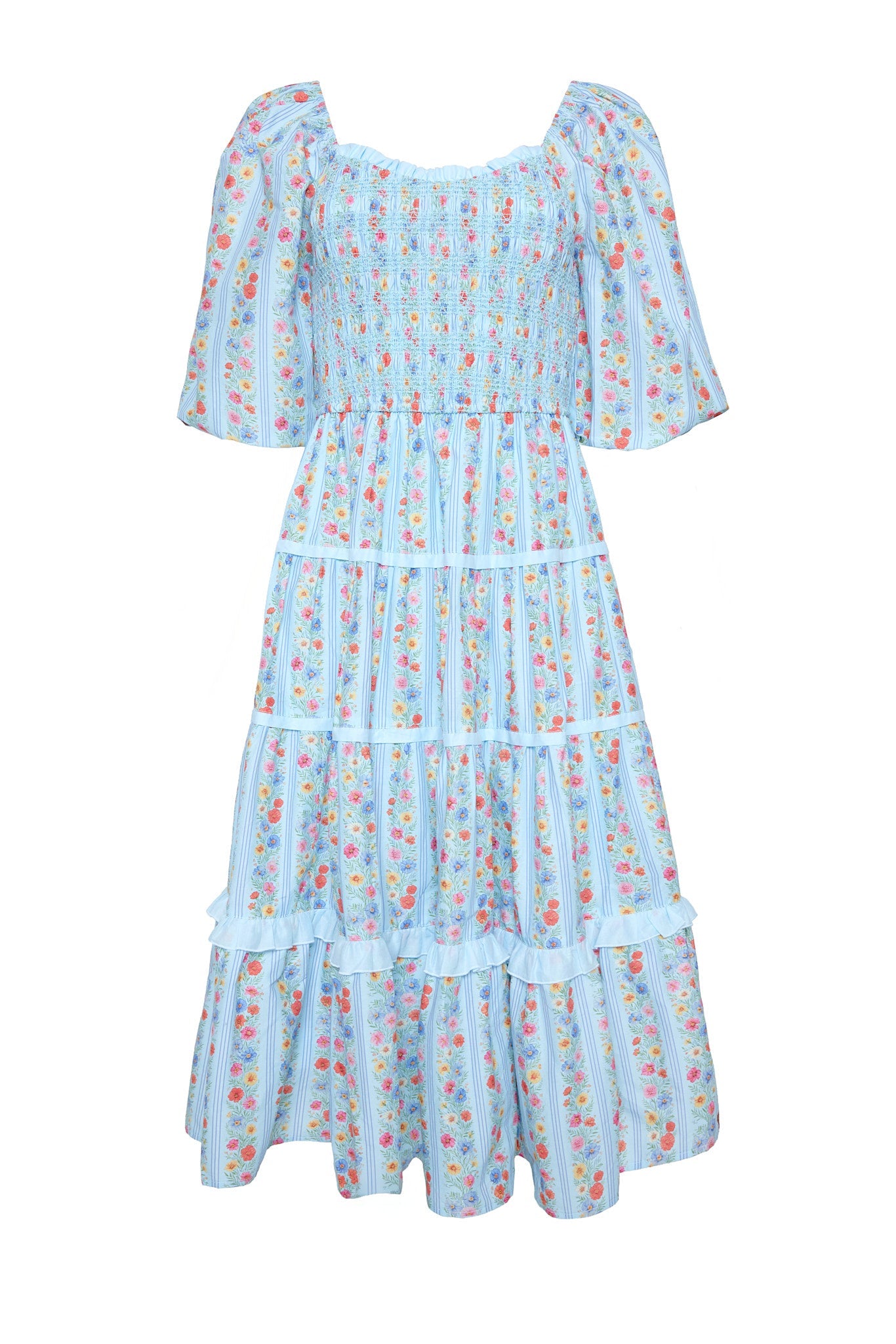 Roselyn Dress in Blue Linear Floral Print