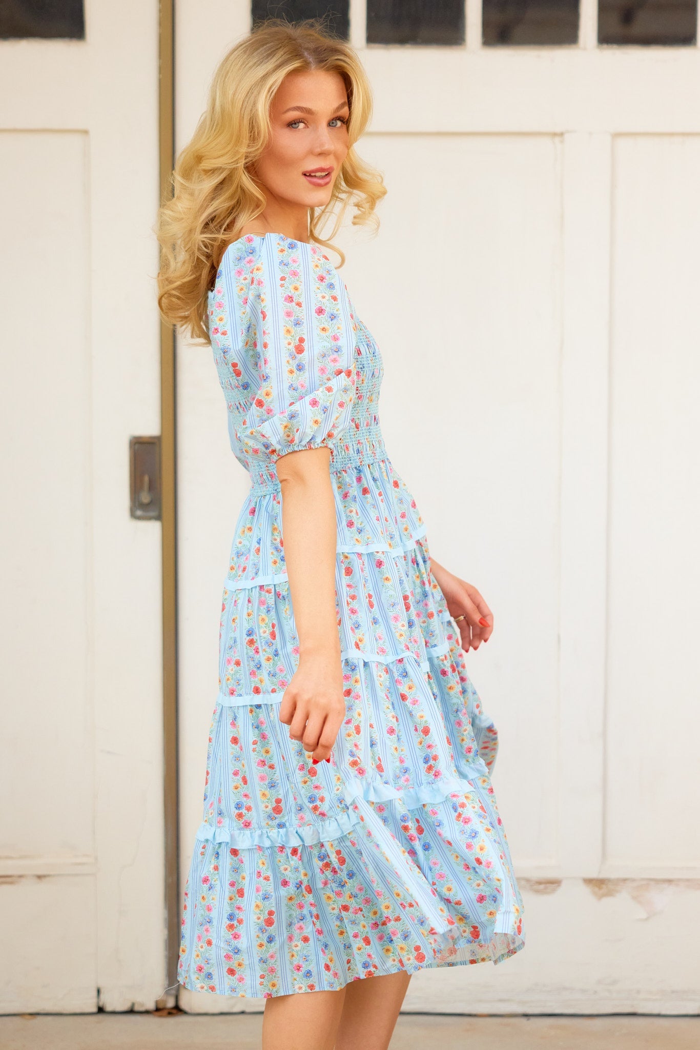 Roselyn Dress in Blue Linear Floral Print