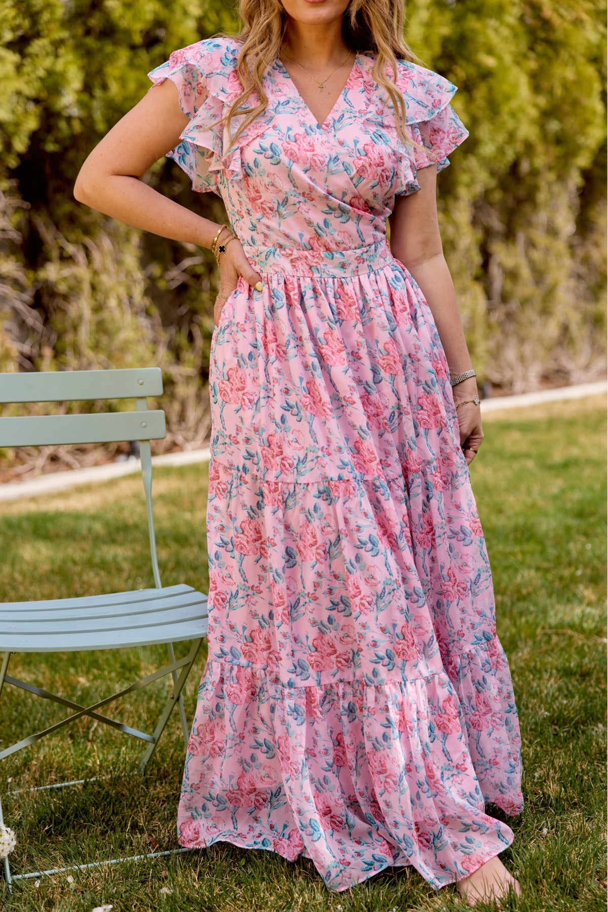 Trixie Dress in Pink Sketched Flower Chiffon
