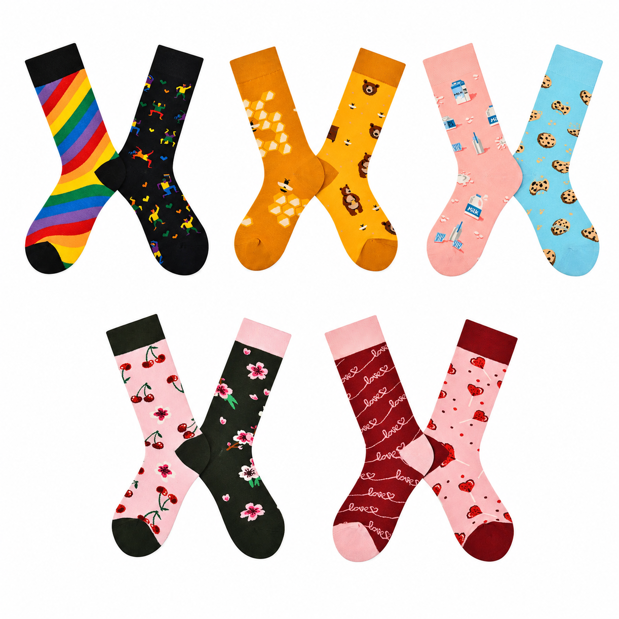 Women’s Playful Mismatched Long Crew Socks – Hand-Finished Jacquard Fashion Socks