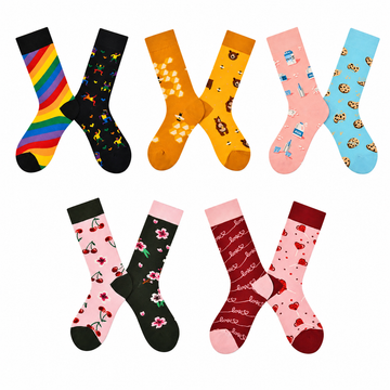 Women’s Playful Mismatched Long Crew Socks – Hand-Finished Jacquard Fashion Socks