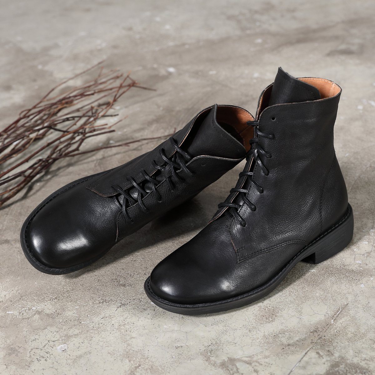 Winter Boots Handmade Genuine Leather Lace-Up Combat Boots Retro Chunky Ankle Boots Black/Coffee