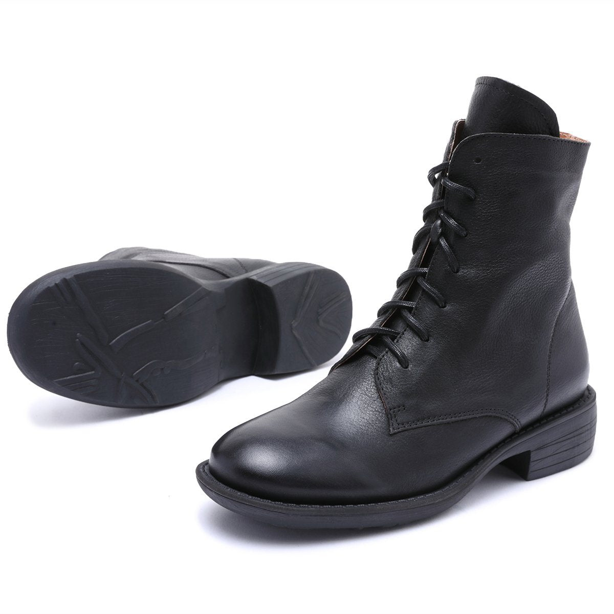 Winter Boots Handmade Genuine Leather Lace-Up Combat Boots Retro Chunky Ankle Boots Black/Coffee