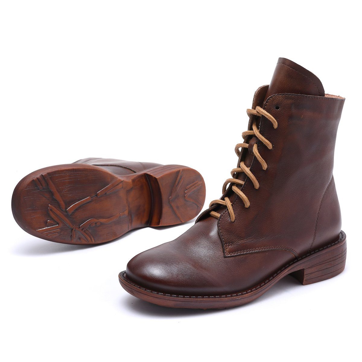 Winter Boots Handmade Genuine Leather Lace-Up Combat Boots Retro Chunky Ankle Boots Black/Coffee
